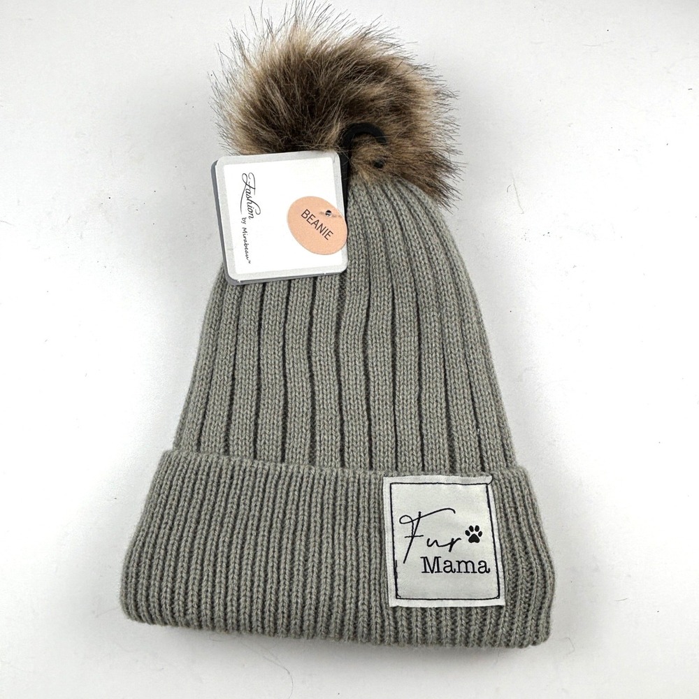 New Fashion by Mirabeau‎ Fur Mama Beanie Womens OS Grey Pom Pom Sherpa Lined Hat